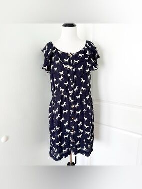 leifsdottir Silk Navy Dress with White Horse Print - Size 8